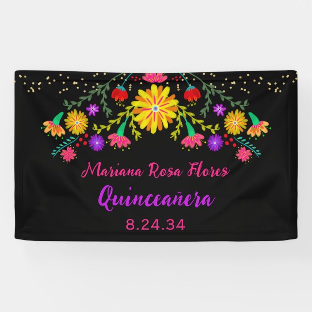 Lona Quinceanera Fiesta Mexicana Cumpleaños Floral (Horizontal)