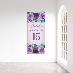 Lona Quinceañera Floral Acuarela Azul Púrpura