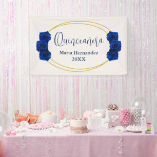 Lona Quinceañera geométrica real azul y oro