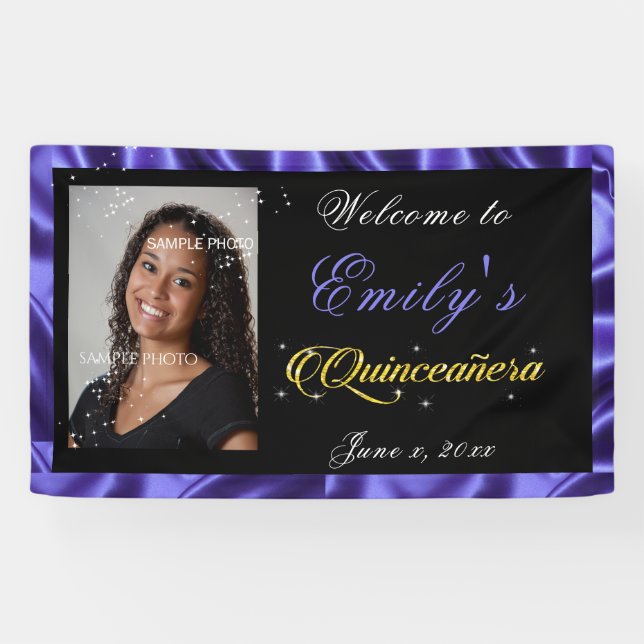 Lona Quinceanera Gold Sparkle Txt, Purple Satin Photo, (Horizontal)