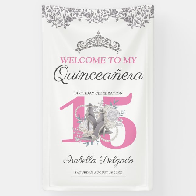 Lona Quinceanera Princesa Plata Rosa 15º cumpleaños (Vertical)