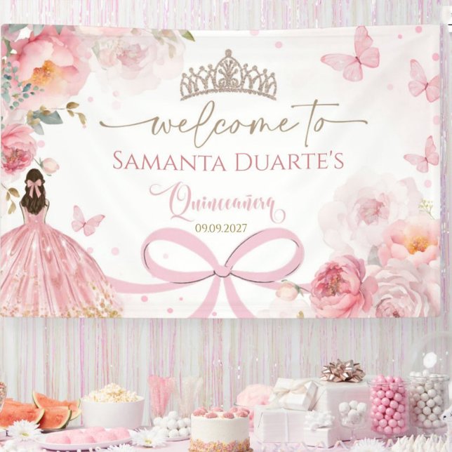 Lona Quinceañera Rosa Beige Lazo Floral Mariposa (Blush pink quinceañera banner with bow, floral accents, and butterflies for sweet 15 party décor.)
