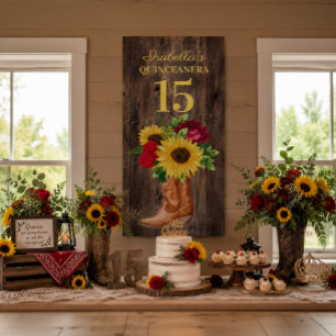 Lona Quinceañera Rosas Rojas Girasoles Botas de Vaquero