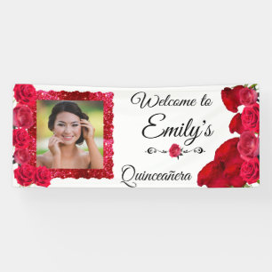 Lona Quinceañera Rosas Rojas Lindas y Marco con Brillo
