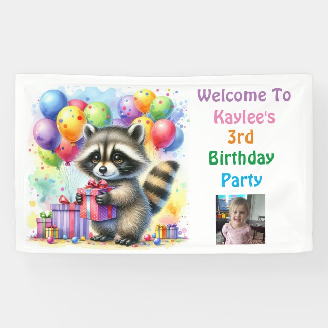 Lona Raccoon Woodland Tema Cumpleaños Personalizado (Horizontal)