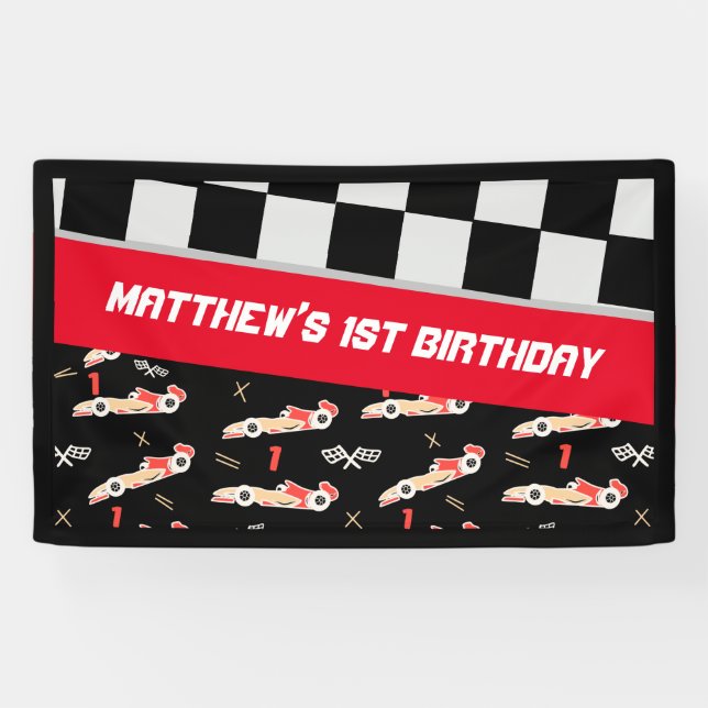 Lona Race Car Black and Red First Birday Personalizado (Horizontal)