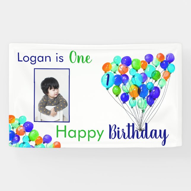 Lona Rainbow BALLOON Boy foto de primer cumpleaños verd (Horizontal)