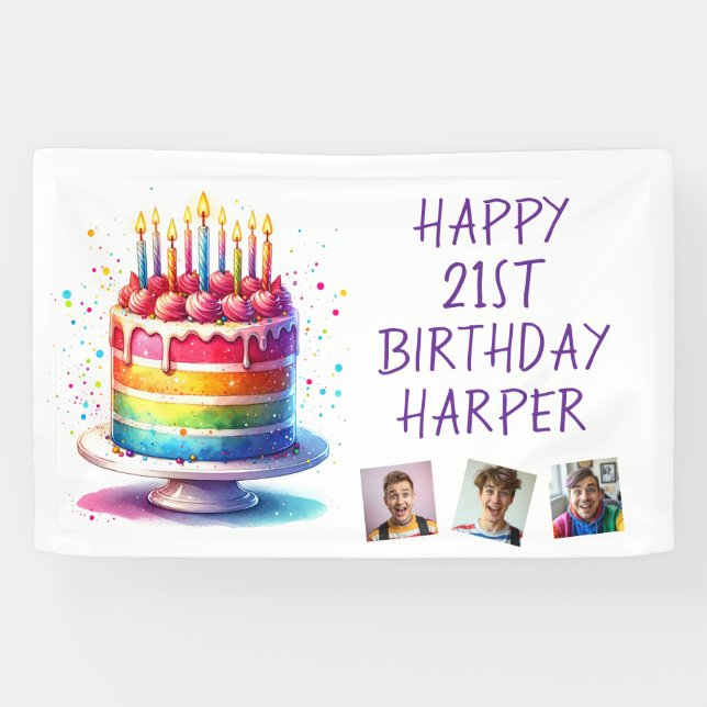 Lona Rainbow Cake Personalized Photo Happy Birthday (Horizontal)