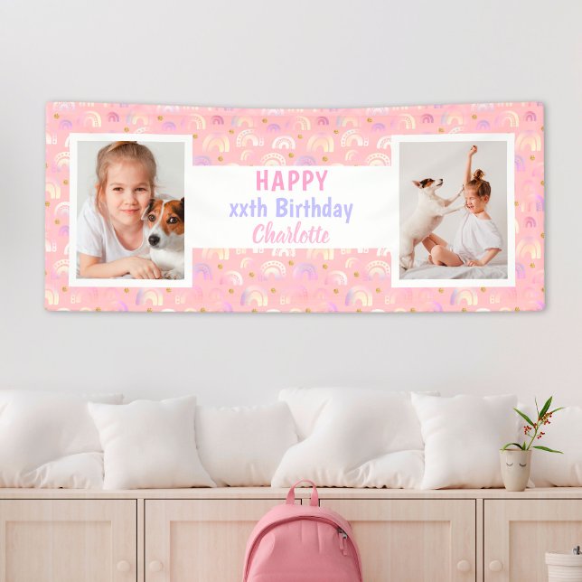 Lona Rainbow Pink Any Age Chica Foto fiesta de cumpleañ (Rainbow Pink Any Age Girl Photo Birthday Party Banner
)