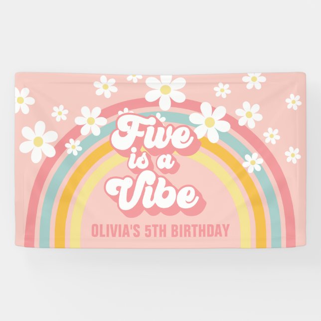 Lona Rainbow Retro Five es un Vibe Groovy 5º cumpleaños (Horizontal)