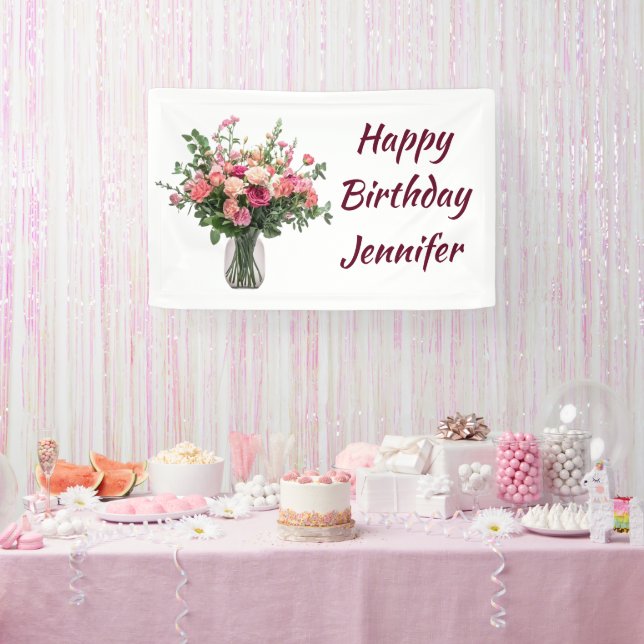 Lona Ramo Floral de Flores con Nombre Personalizado (Fiesta)