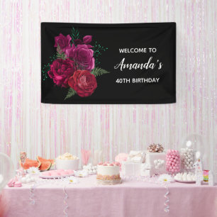 Lona Ramo Floral de Rosa Magenta Elegante Cumpleaños