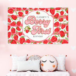Lona Rayas blancas rosadas Fresa Berry Primer cumpleaño