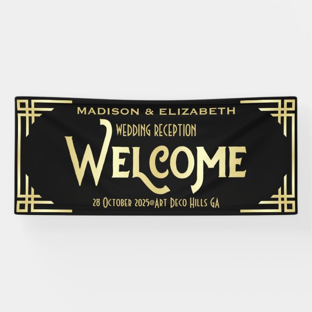 Lona Recepción Art Deco Boda Bienvenida Oro Negro (Horizontal)
