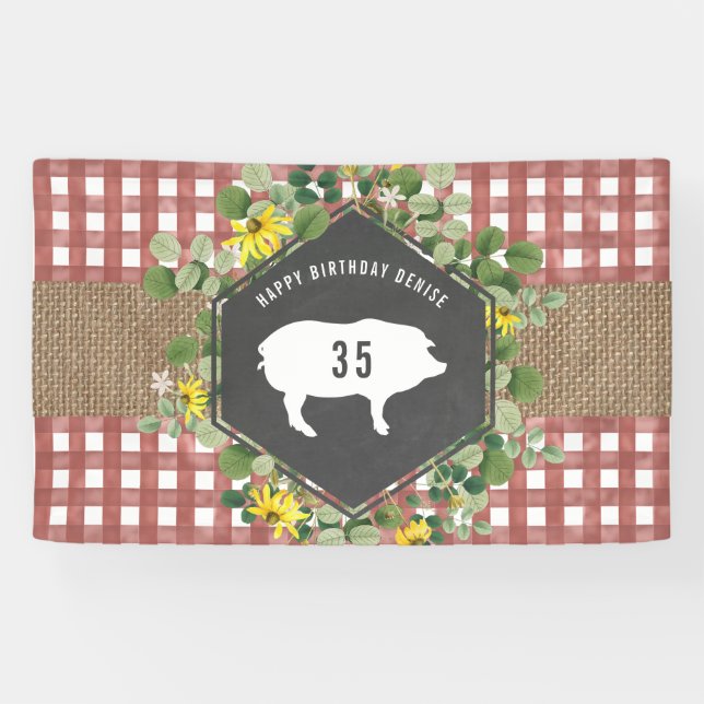 Lona Red Gingham Burlap Pig Floral Birthday Bbq (Horizontal)
