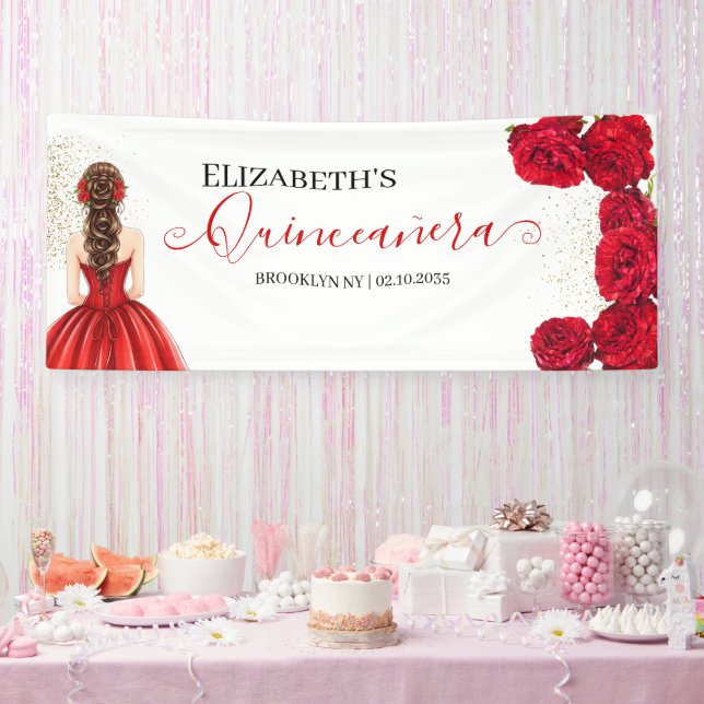 Lona Red & Gold Quinceañera Custom Welcome Banner (Fiesta)