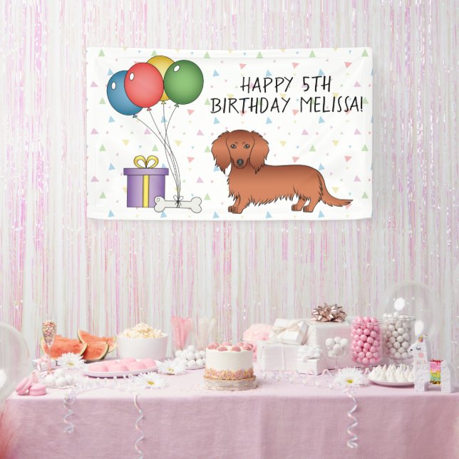 Lona Red Long Hair Dachshund Cartoon Dog Happy Birday (Fiesta)