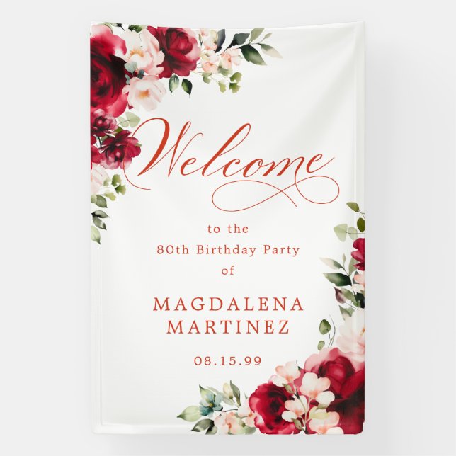 Lona Red Rose Pink Peony 80th Birthday Welcome (Vertical)