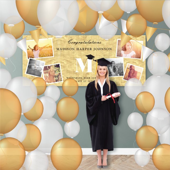 Lona Relieve metalizado dorado Clásico Monograma 6 Fies (Gold Faux Foil Name Monogram 6 Photo Chic Graduation Party Banner @ www.zazzle.com/color_therapy)