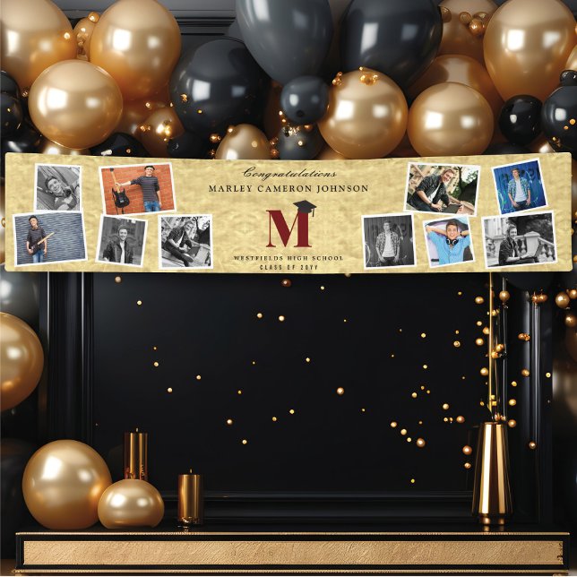 Lona Relieve metalizado dorado Monograma 10 Fiesta de G (Gold Faux Foil Name Monogram 10 Photo Chic Graduation Party Banner @ www.zazzle.com/color_therapy)