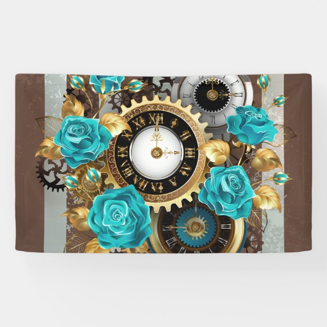 Lona Reloj de vapor y Rosas turquesa a rayas (Horizontal)