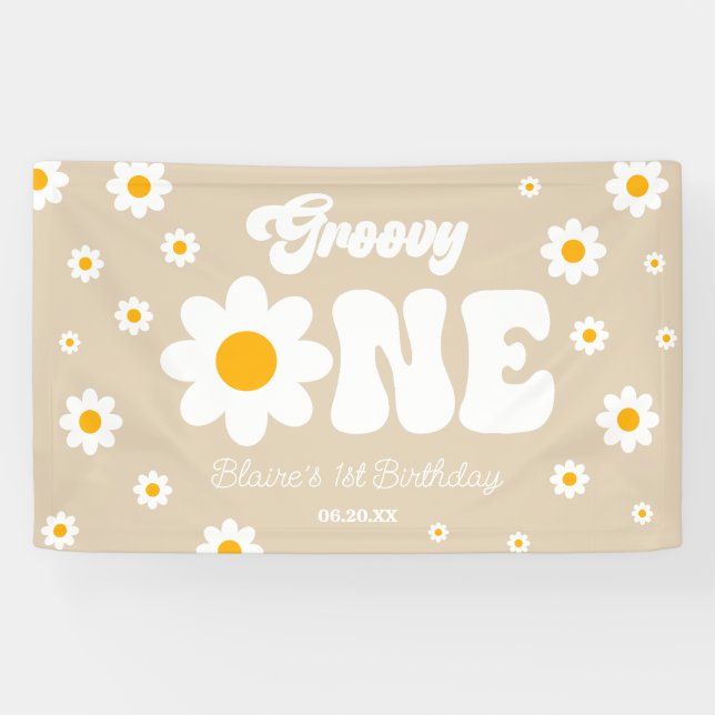 Lona Retro Daisy Flower Groovy Primer Fiesta de cumplea (Horizontal)