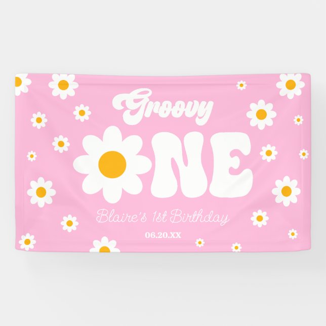 Lona Retro Daisy Flower Groovy Primer Fiesta de cumplea (Horizontal)