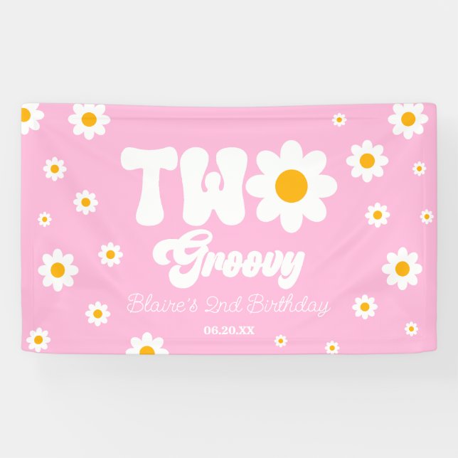Lona Retro Daisy Flower Two Groovy 2º Fiesta de cumplea (Horizontal)