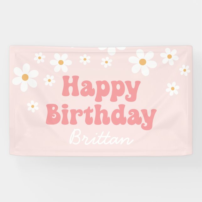 Lona Retro Daisy Rosa Feliz Cumpleaños (Horizontal)