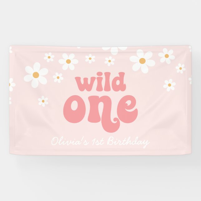 Lona Retro Daisy Rosa Wild One Cumpleaños 1 (Horizontal)