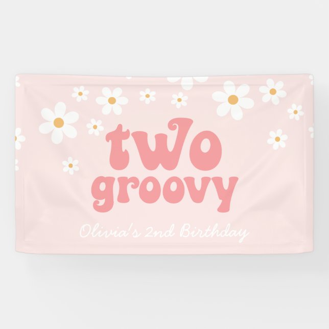 Lona Retro Daisy Two Groovy Rosa Floral 2º Cumpleaños (Horizontal)
