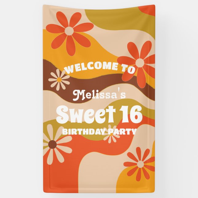 Lona Retro Groovy Hippie Flower Sweet 16 Cumpleaños (Vertical)