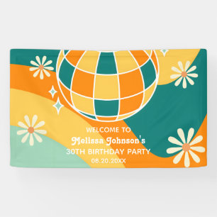 Lona Retro Groovy Wave Disco Ball Daisy Naranja Cumplea