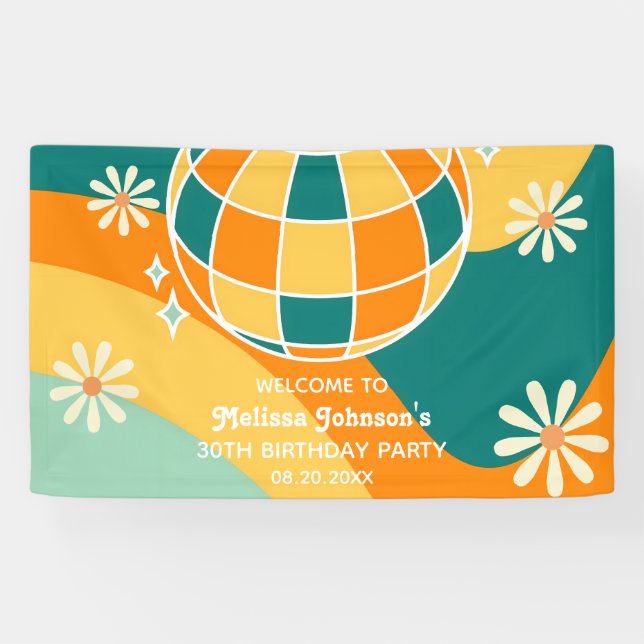 Lona Retro Groovy Wave Disco Ball Daisy Naranja Cumplea (Horizontal)