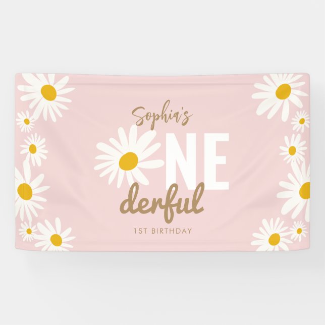 Lona Retro Pink Daisy UN maravilloso Fiesta de cumpleañ (Horizontal)