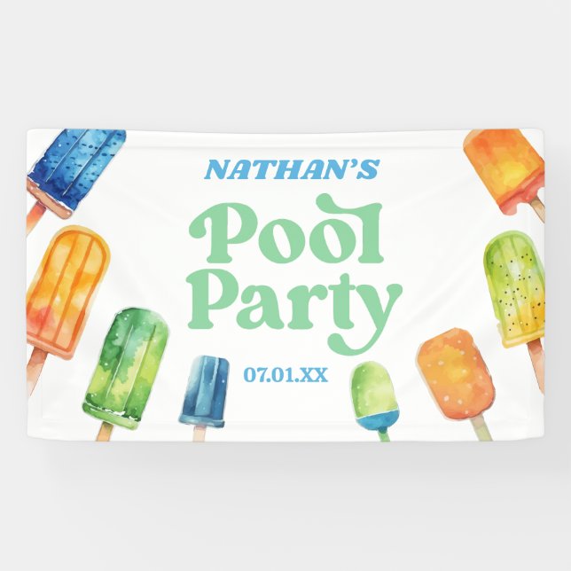 Lona Retro Popsicle Birthday Pool Fiesta (Horizontal)