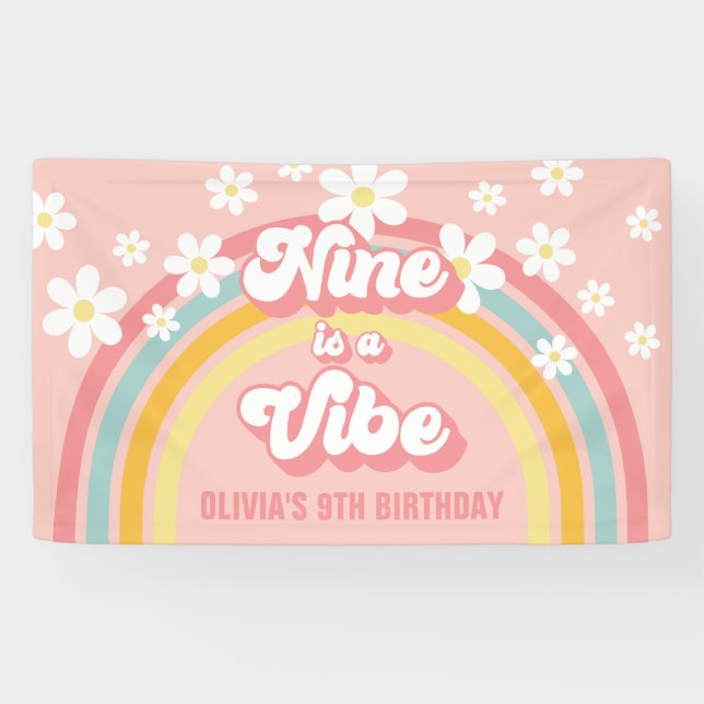 Lona Retro Rainbow Nine es una Vibra Groovy Cumpleaños  (Horizontal)