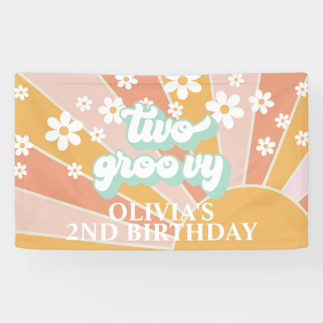 Lona Retro Sunshine Dos Cumpleaños Groovy Daisy (Horizontal)
