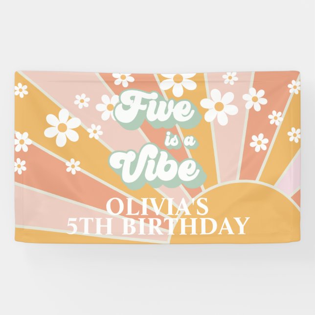 Lona Retro Sunshine FIVE es una fiesta de cumpleaños Vi (Horizontal)