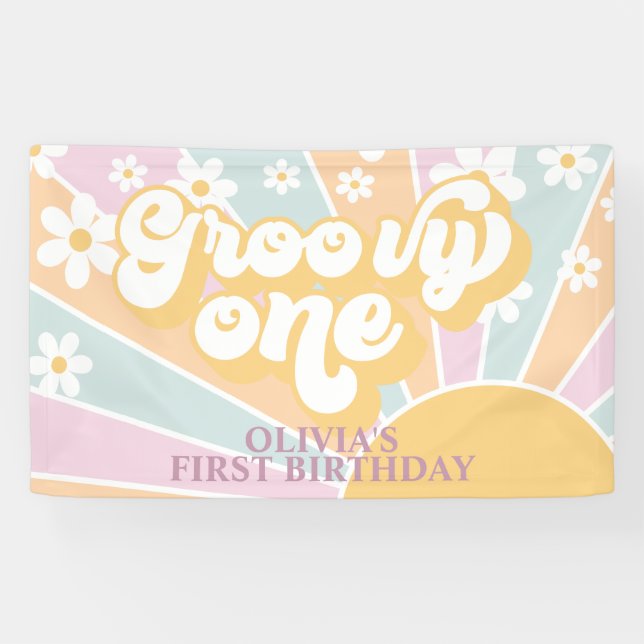 Lona Retro Sunshine Groovy Cumpleaños Pastel Daisy (Horizontal)