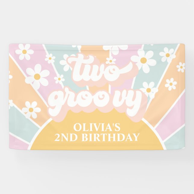Lona Retro Sunshine Two Groovy Pastel Daisy Cumpleaños (Horizontal)