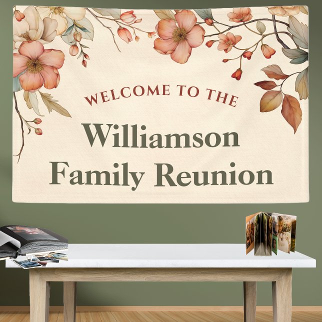 Lona Reunión familiar elegante con flores de bienvenida (Family Reunion Banner for decorating at your picnic, gathering or special event.)