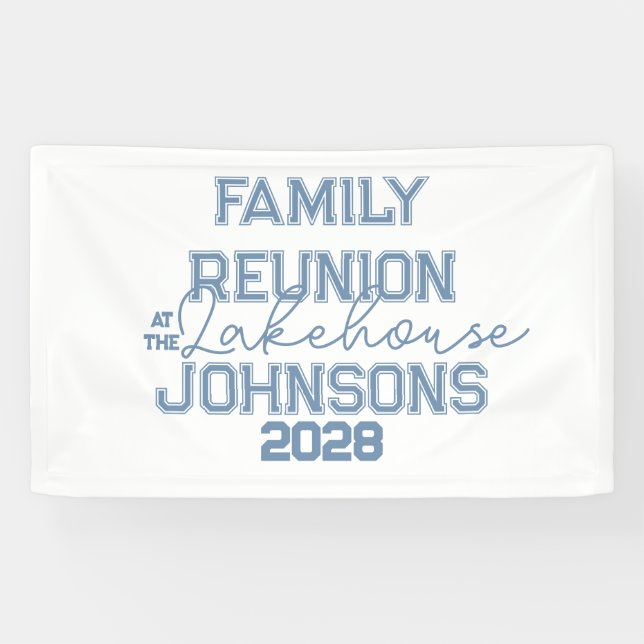 Lona Reunión familiar en el lago fiesta azul y blanco (Horizontal)