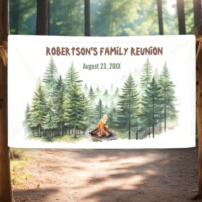 Lona Reunión familiar Pine Wood Forest Campfire (Family Reunion Pine Wood Forest Campfire Banner)