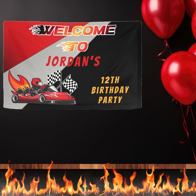 Lona Roja | Bienvenida de la fiesta de cumpleaños de Bl (Red and Black Kid's Go Kart Racing Kid's "Welcome To" Birthday Party Banner)