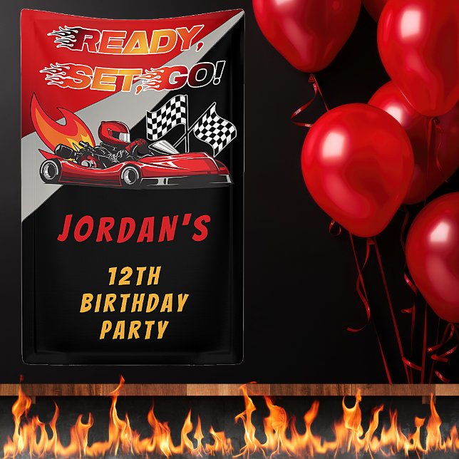 Lona Roja | Cumpleaños de la Carreras Black Go Kart (Red and Black Go Kart Racing Kid's Birthday Party "Ready, Set, Go!" Banner)