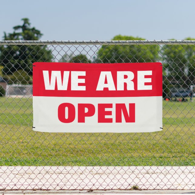 Lona Rojo estamos abiertos el cartel comercial de plant (in situ)