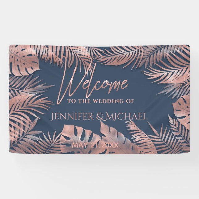 Lona Rosa azul marino oro Relieve metalizado tropical h (Horizontal)