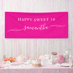Lona Rosa Caliente Blanco Feliz Cumpleaños Dulces 16 Co