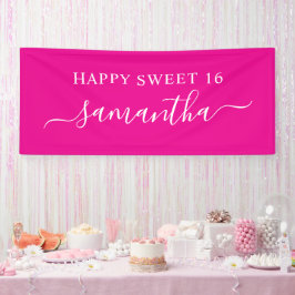 Lona Rosa Caliente Blanco Feliz Dulces 16 Elegante Nomb